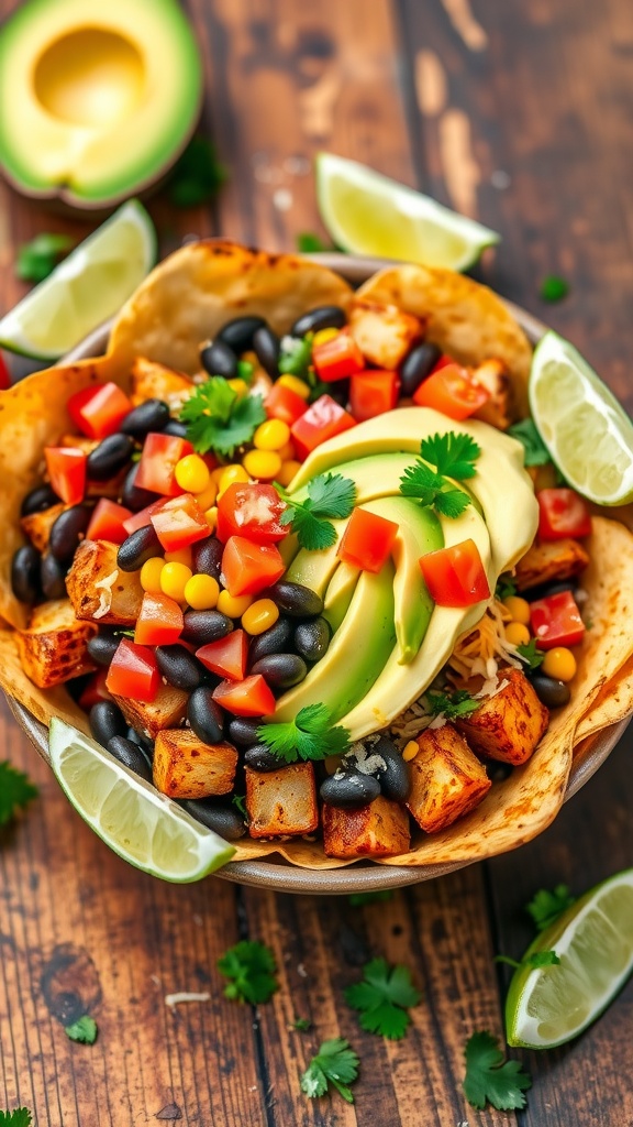 A potato taco bowl with crispy potatoes, black beans, corn, tomatoes, avocado, and cheese, garnished with cilantro and lime.